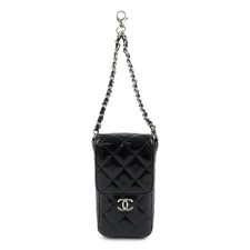 CHANEL Matelasse COCO Mark Patent Leather Phone Case Pouch Black Auth Used F/S picture