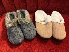 NWT women's Grey + Tan Ultraideas cable knitted cushioned slippers Sz XL 11-12 picture