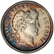 1905-S PCGS AU55 Barber Dime | Monster Rainbow Toning | 40th Anniversary Label picture
