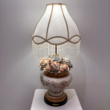 OK Collection Vintage Rare Floral Table Lamp w/ Fringed Shade Cream Blue Peach picture