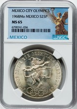 1968 Mexico Silver 25 Pesos NGC MS65 Olympic Games Aztec Dancer Mexico City picture