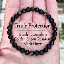 Triple Protection Bracelet, Black Natural stone bracelet, Golden obsidian Bracel picture