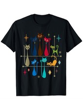 Retro Cat Graphic Tee for Both Genders, Mid-Century Modern Design, Round Collar, picture