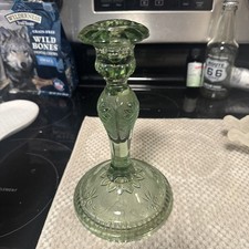 Indiana Glass Tiara Candlestick Holder Chantilly Green Vintage 8.5” picture