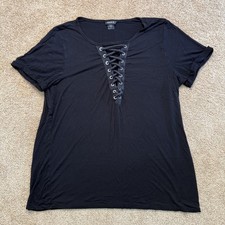 Torrid Shirt Womens Size 1 Black Lace Up V-Neck Short Sleeve Plus Jersey Top picture
