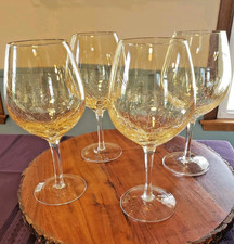 Set 4 Pier 1 Crackle Amber Golden Balloon Stemmed Glasses Red Wine Goblet 8.5” picture
