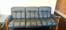 Ekornes Montana Blue Leather 3-Seat Sofa, Brown Wood Frame/Arms picture