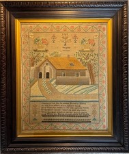 Antique Sampler. Cottage House sampler. Oak carved frame. 19th c Sampler. picture