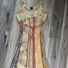 Sacred Threads Patchwork Butterfly Midi Dress Boho Embroidered Rayon ML picture