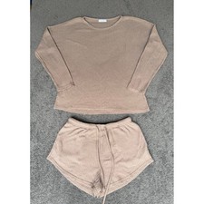Ekouaer Womens Waffle Knit Lounge Set Taupe Brown Long Sleeve Shorts Size S picture