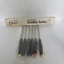 NIP Vintage Set Of 6 Oster Fondue Forks Stainless Steel  Wood  Colored Ends picture