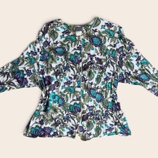 Vintage Tina Barrie Floral Blouse Jacket  Rayon Teal Purple Gold Trim USA picture