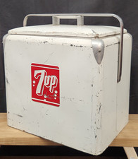 1950s Vintage 7 Up Soda Metal Cooler Progress Refrigerator Embossed Logo w/ Tray picture