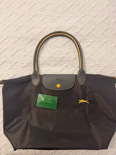Longchamp Le Pliage Black Tote Top Handle Leather Strap Snap Closure Logo Card picture