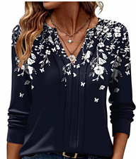 Women’s Navy White Floral Chiffon Pleated V-Neck Pullover Blouse XL picture