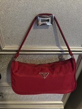PRADA Red Small Shoulder Bag Zip Closure Logo Hardware Silver Tone Strap picture
