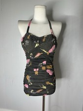 Vintage 50s Pin Up Smocked Back Vegetable Print Swimsuit   picture