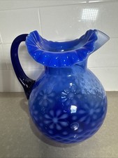 VINTAGE FENTON ART GLASS COLBALT BLUE OPALESCENT SNOWFLAKE PITCHER 9.5” picture