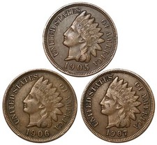 1905 1906 1907 Indian Head Cent Pennies FULL LIBERTY VF XF - Nice 3 Coin Lot picture