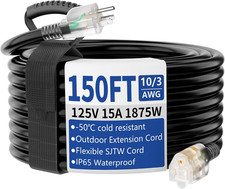 150ft Outdoor/Indoor Extension Cord with Lighted 10 Gauge, Black picture