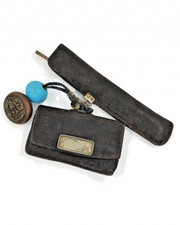 Antique Japanese Tabako-ire Meiji Leather Pouch Silver Tiger Kagamibuta Netsuke picture