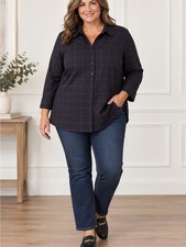 Worthington Woman’s Blouse 2X Plus Black/Red Windowpane Button Down Career NWT picture