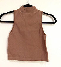 Zara Women’s M Brown Solid Rib Knit Mock Neck Sleeveless Tank Top picture