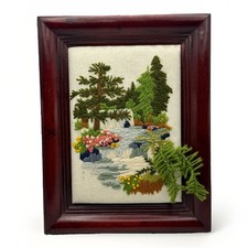 Framed Crewel Embroidery Waterfall Landscape 3D Needlework Art 7X5