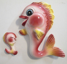 Vintage MCM Lefton Anthropomorphic Pink Fish Ceramic Wall Plaques picture
