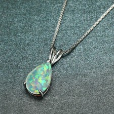 White Opal Stone Pendant Minimalist Droplet Fire Opal Necklace Sterling Silver picture