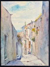 Antique Raymond Leroy Hill WA Watercolor Painting Woman Child Streetscape Spain picture