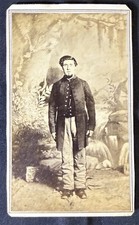 CDV of Civil War soldier in front of a great back drop. No back mark. picture