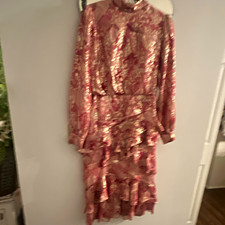 SALONI Women’s Pink Gold Metallic Floral Ruffle Long Sleeve Midi Dress 6 picture