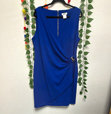 DKNY Women's Sheath Dress 16 Blue Solid V-Neck Sleeveless Buckle Zip picture