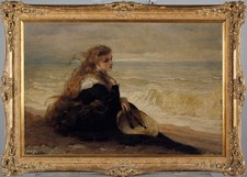 Romantic Lady By The Sea Vintage Oil Painting Female Portrait Antique Canvas Art picture