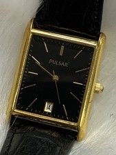 Vintage Pulsar VX32-X343 Mens Watch 26mm Gold Tone Black Dial Leather Working picture