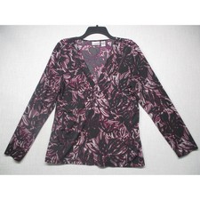Chicos Black Purple Floral Metallic Stretch Wrap Top Blouse Womens Size 2 picture
