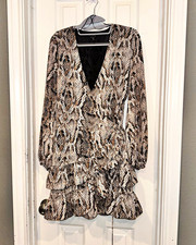 1.STATE Snake Animal Print V-Neck Tiered Ruffle Mini Dress 6 Beige Black picture