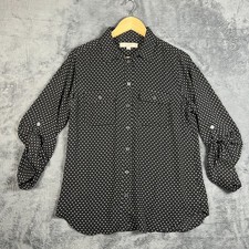 Loft Shirt Womens Medium Black Geometric All Over Roll Tab Sleeve Button Up  picture