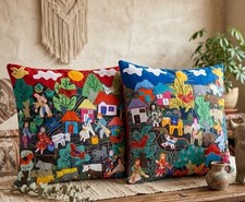 VTG Peruvian Arpillera Folk Art Pillow Cover Set 2 3D Applique Tapestry Handmade picture