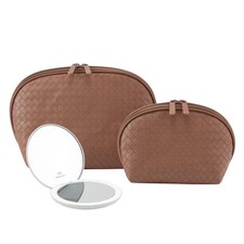 GloTech 3 Piece Faux Leather Cosmetic Bags W/ Rechargeable Compact Mirror Brown picture
