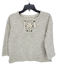 Madewell Top Womens Medium Ivory Blue Stripe Lace Up Neck Boho Beachy Pullover picture