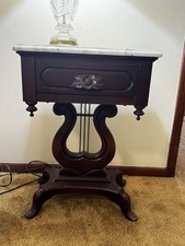 2  Victorian Mahogany Lyre Base Side Tables Marble Top Drawer Antique Finish.   picture