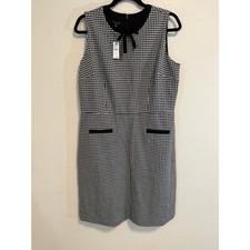 Talbots Black White Houndstooth Bow Neck Sleeveless Shift Dress 14P Petite NWT picture