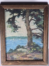 Antique oil painting tree by lake signed LDW Small Frame BREEZY DAY AT THE LAKE picture