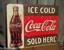 Vintage Coca Cola Sign Tin Metal Soda Pop Bottle Advertising Ice Cold Sold Here picture