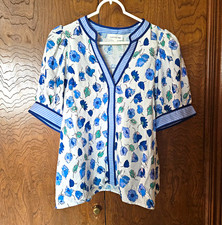 Entro White/Blue/Green Floral V-Neck Short Sleeve Woven Blouse Women’s L picture