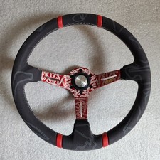 MOMO Black Red Stipes Leather Dip Dish Street Sport Steering Wheel 350mm 13.5in picture