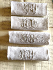 Set 4 Antique French Pristine White Damask Napkins Monogram ND c1900s picture