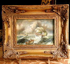 STUNNING FRAMED OIL ON BOARD OF WHALING SHIPS ON A STORMY SEA , 11.25L X 9.5''H picture